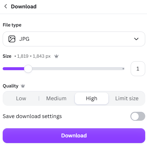 Canva JPG download settings showing Marketplace artwork at 1819 by 1843 pixels and High quality