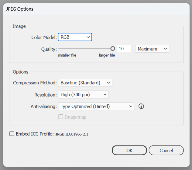 Adobe Illustrator JPEG export options showing RGB colour model, maximum quality and 300 ppi resolution