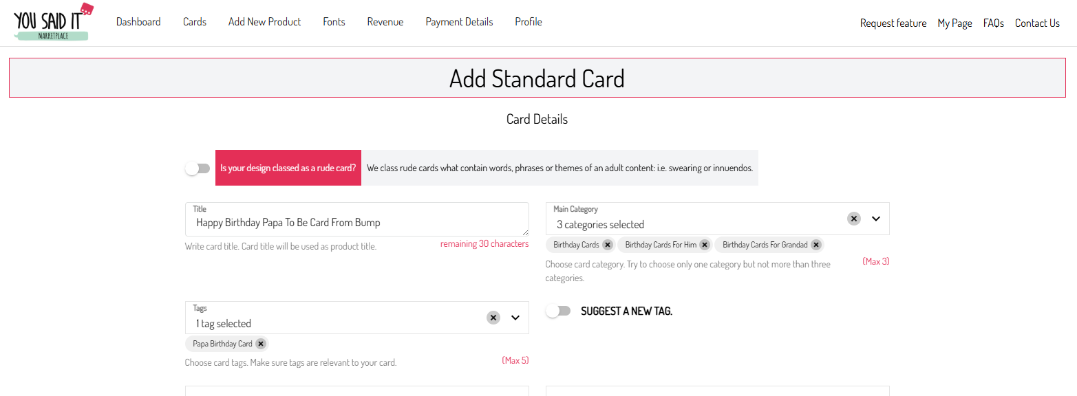 Complete the card details before submitting.