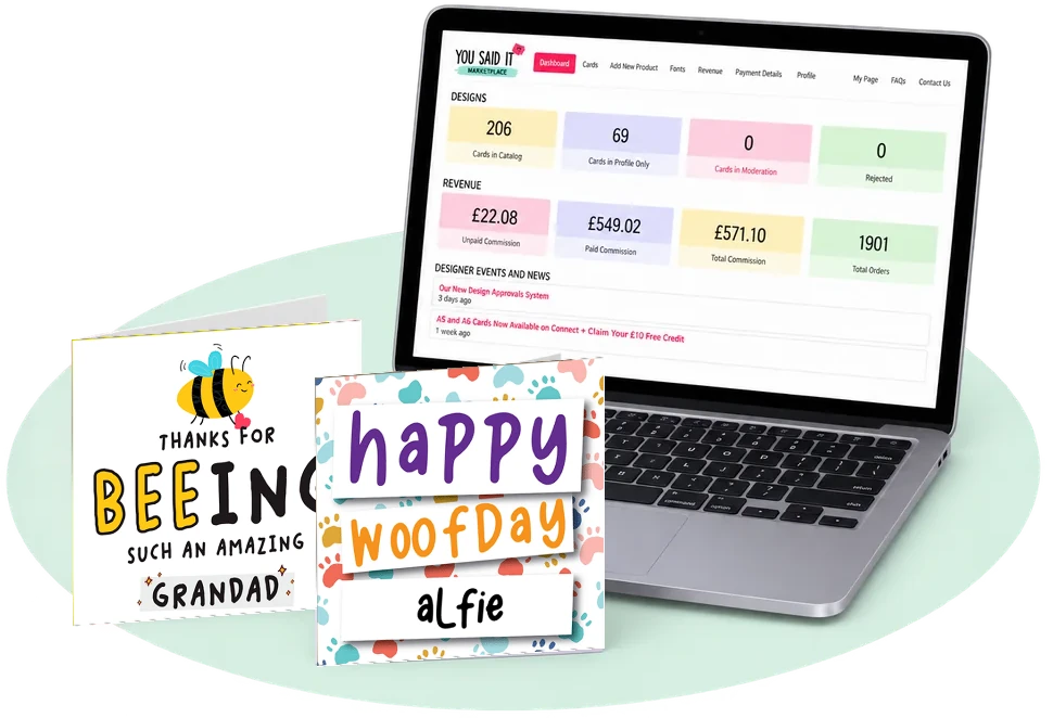 You Said It Marketplace dashboard on a laptop with two You Said It greeting cards